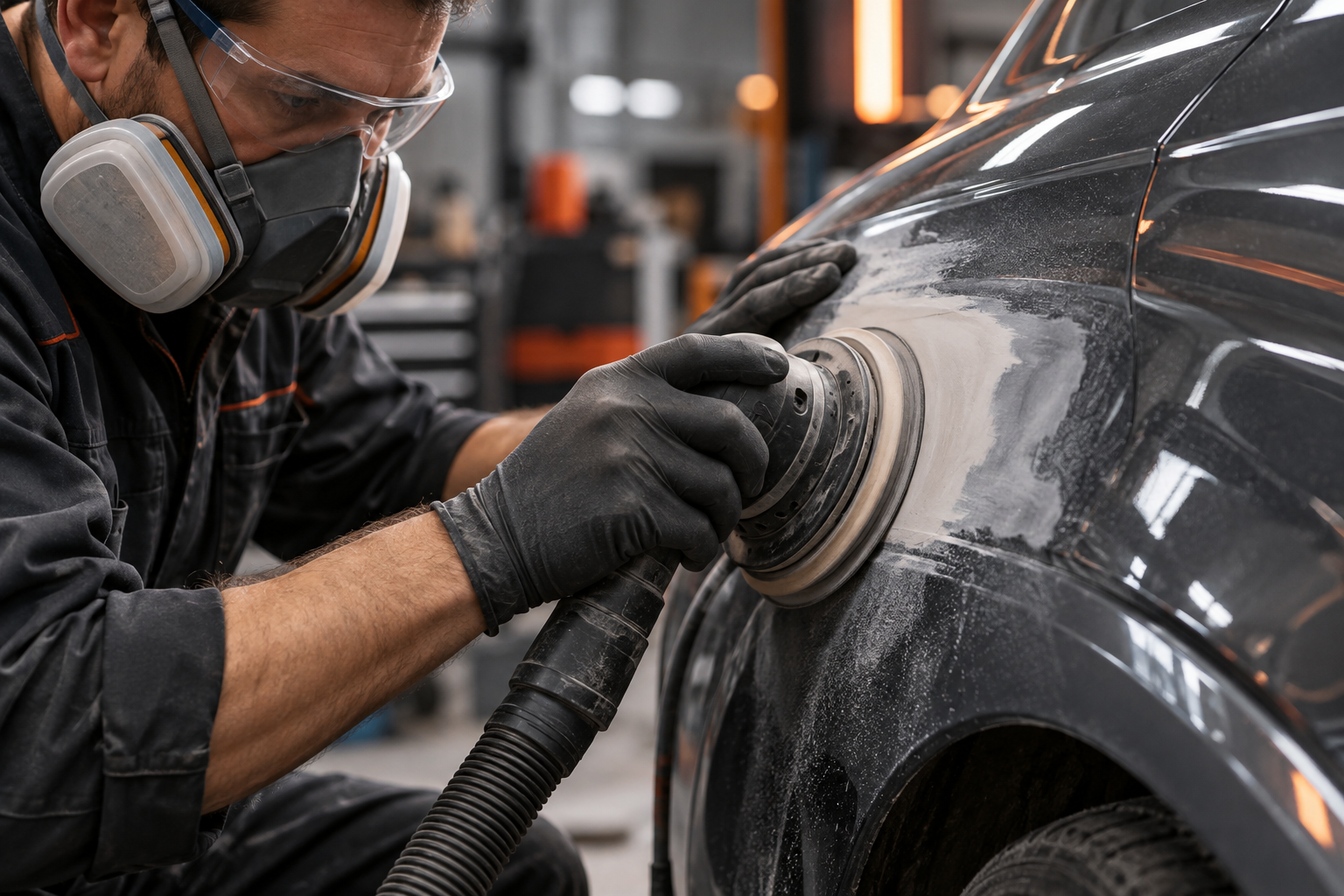 Technician preparing a vehicle body panel for repair
